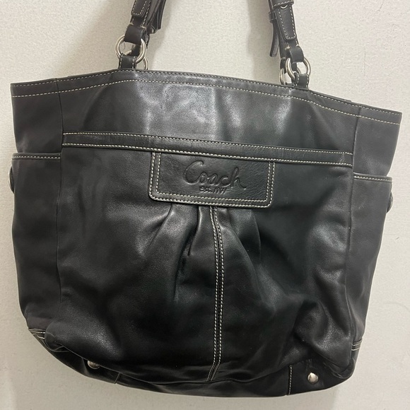 Coach Black Leather Tote with Silver Accents - Picture 2 of 7